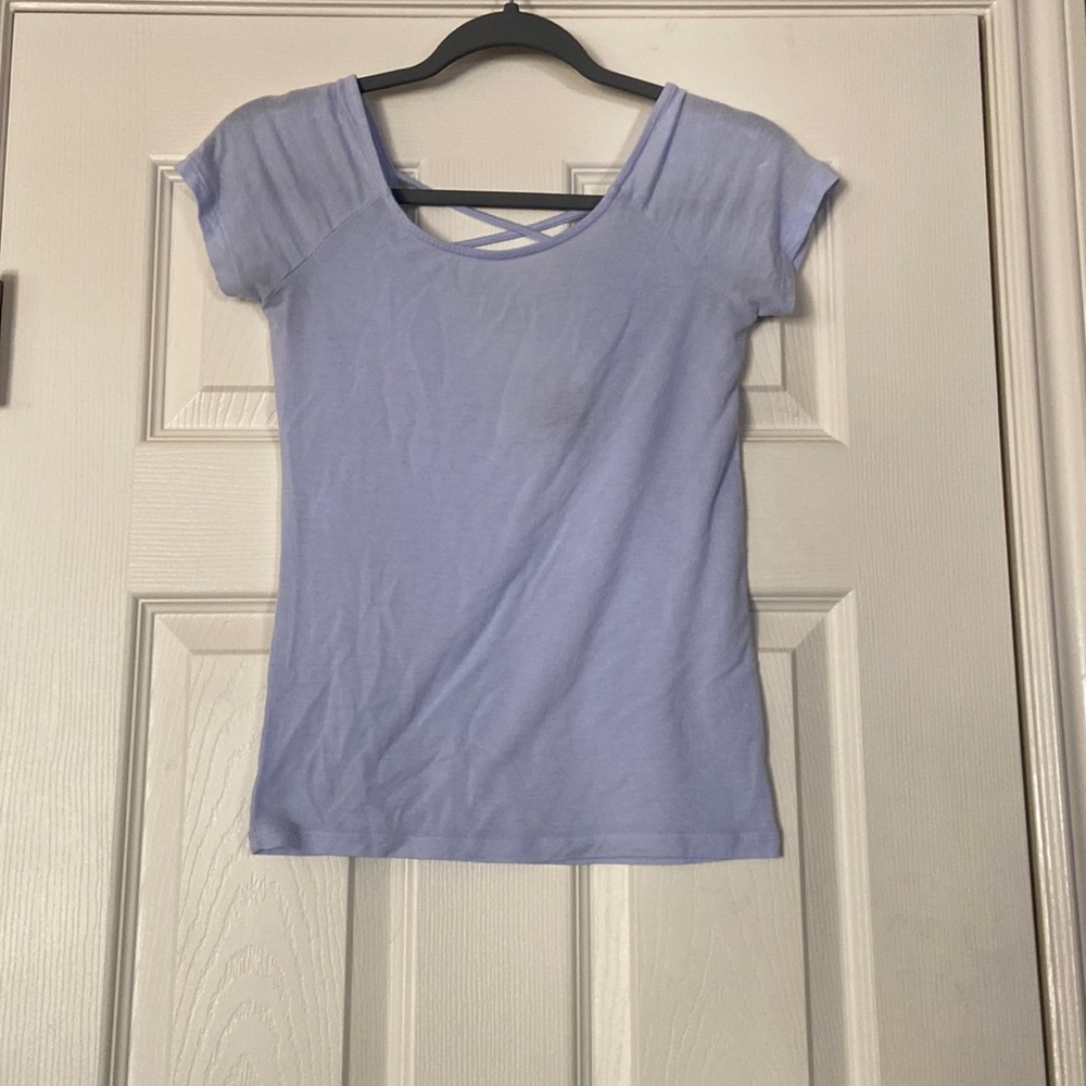 baby blue top with criss cross back design